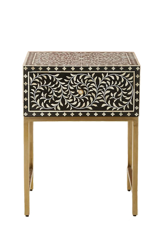 Handmade Bone Inlay Modern Floral Pattern Bedside Table with 1 Drawer for Home and Office Decor - Hansa Handicraft