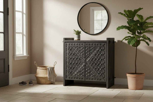 RAQUEL CARVED WOOD STORAGE CABINET | 2-DOOR | RECLAIMED ACACIA | DARK GRAY