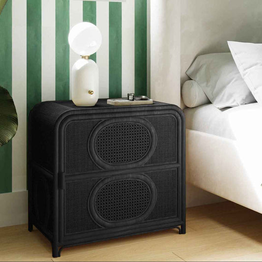 ELLA (BED)SIDE TABLE | RATTAN +CANE | 2-SHELF | BLACK