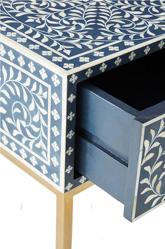 Handmade Bone Inlay Modern Leaf Pattern Bedside Table with 1 Drawer for Home and Office Decor - Hansa Handicraft