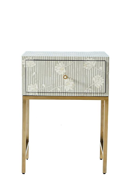 Handmade Bone Inlay Modern Floral Pattern Bedside Table with 1 Drawer for Home and Office Decor - Hansa Handicraft