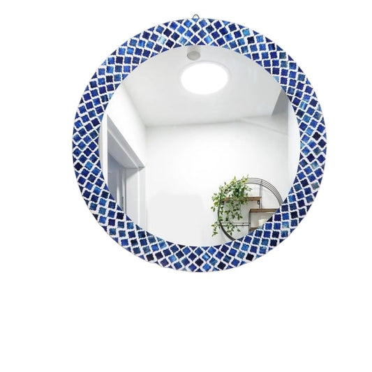 Bone Inlay Wall Mirror, Round Blue Mosaic Diamond Pattern . - Hansa Handicraft