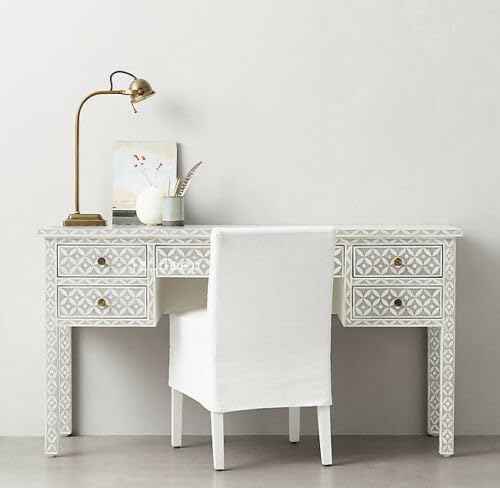 Bone Inlay Console Table with 5 Storage Drawers Handcrafted Solid Wood Entryway Table Intricate Design Elegant Accent Furniture for Hallway, Living Room or Bedroom Décor