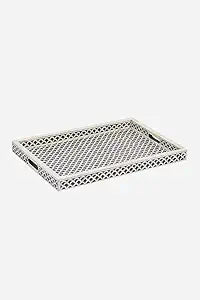 Hansa Handmade Bone Inlay Serving Tray Rectangle Tray Geometrical Pattern Decorative Platter Basket Tray for Ottoman