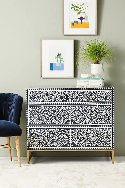 Bone inlay Chest of Drawer Sideboard |Scroll Vine Inlay Three-Drawer Dresser Floral Design - Hansa Handicraft