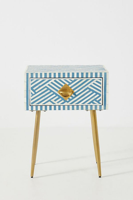 Handmade Bone Inlay Modern Geometric Strip Pattern Bedside Table with 1 Drawer for Home and Office Decor - Hansa Handicraft