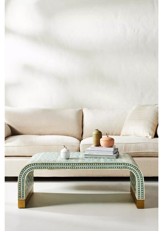 Bone Inlay Moroccan Design Waterfall Coffee Table Green, Bone Inlay Moroccan Design Waterfall Center Table Green, Bone Inlay Table. - Hansa Handicraft