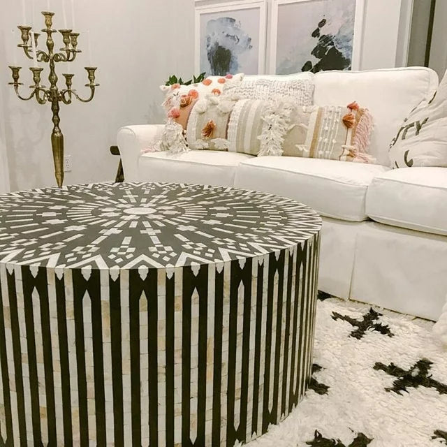 Bone Inlay Round Coffee Table for Home Centre Table Strip x Floral Pattern by Hansa Handicraft - Hansa Handicraft