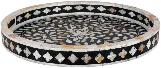 Hansa Handmade Round Mother of Pearl Inlay Serving Tray Floral Pattern Decorative Platter