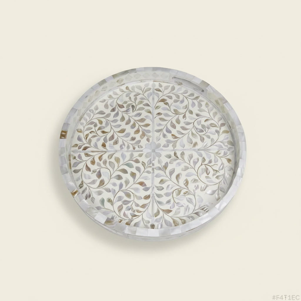 Hansa Handmade Round Mother of Pearl Inlay Serving Tray Floral Pattern Decorative Platter Basket Tray - Hansa Handicraft