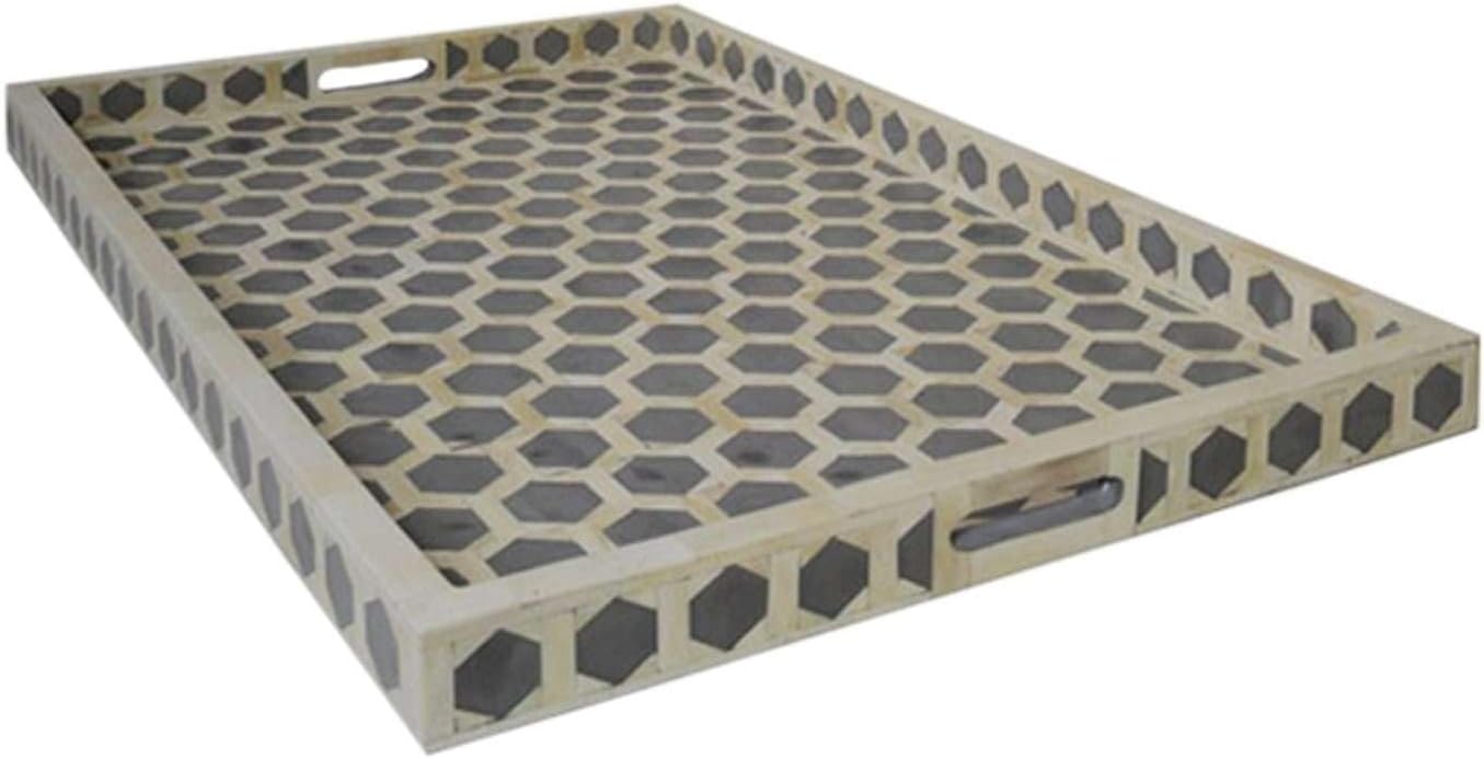 Hansa Handmade Bone Inlay Serving Tray Rectangle Tray Geometrical Pattern Decorative Platter Basket Tray for Ottoman