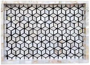 Hansa Handmade Bone Inlay Serving Tray Rectangle Tray Geometrical Pattern Decorative Platter Basket Tray for Ottoman