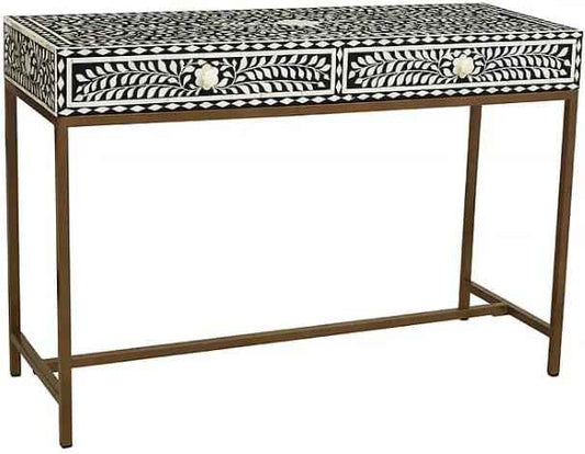 Bone Inlay Console Table Handmade Solid Wood Entryway Table with Intricate Floral Design 2 Storage Drawers for Elegant Home Décor