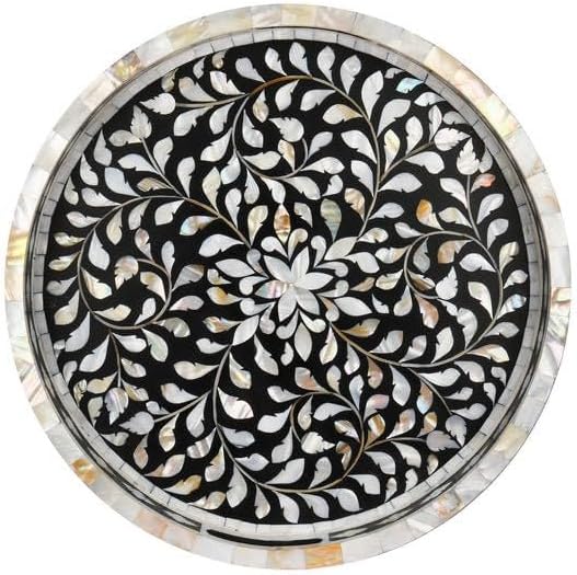 Hansa Handmade Round Mother of Pearl Inlay Serving Tray Floral Pattern Decorative Platter