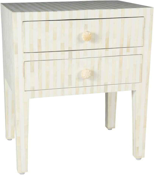 Bone Inlay Bedside Table with 2 Drawers Handcrafted Nightstand with Storage and Intricate Design Stylish Accent Furniture for Bedroom, Living Room or Entryway Décor