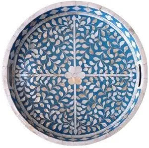 Hansa Handmade Round Mother of Pearl Inlay Serving Tray Floral Pattern Decorative Platter