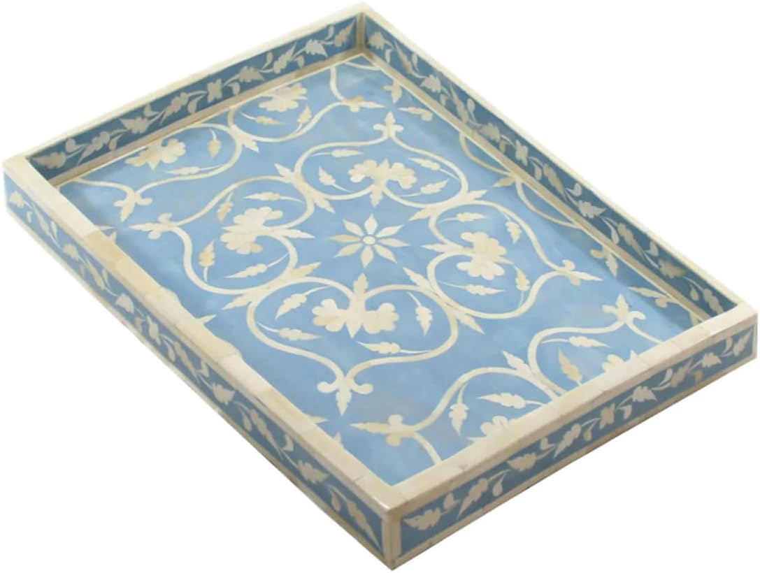 Hansa Handmade Bone Inlay Serving Tray Rectangle Tray Geometrical Pattern Decorative Platter Basket Tray for Ottoman