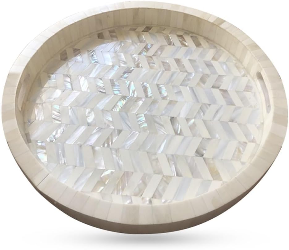 Hansa Handmade Round Mother of Pearl Inlay Serving Tray Floral Pattern Decorative Platter