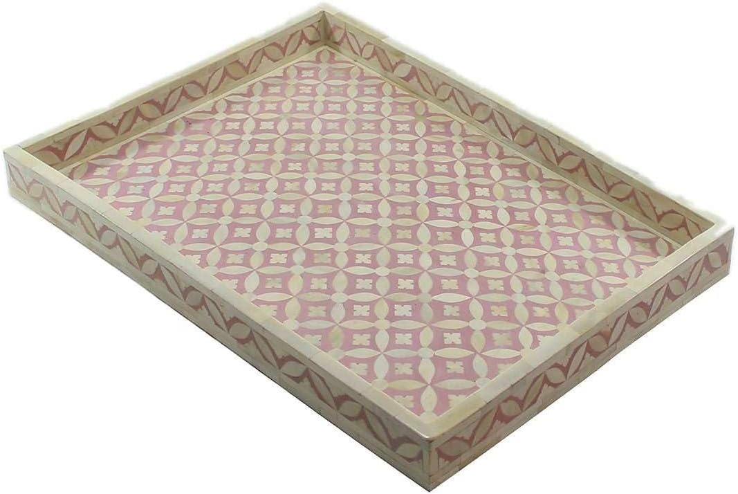 Hansa Handmade Bone Inlay Serving Tray Rectangle Tray Geometrical Pattern Decorative Platter Basket Tray for Ottoman