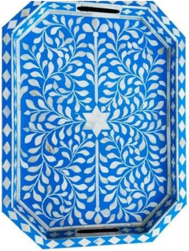 Hansa Handmade Bone Inlay Serving Tray Rectangle Tray Geometrical Pattern Decorative Platter Basket Tray for Ottoman