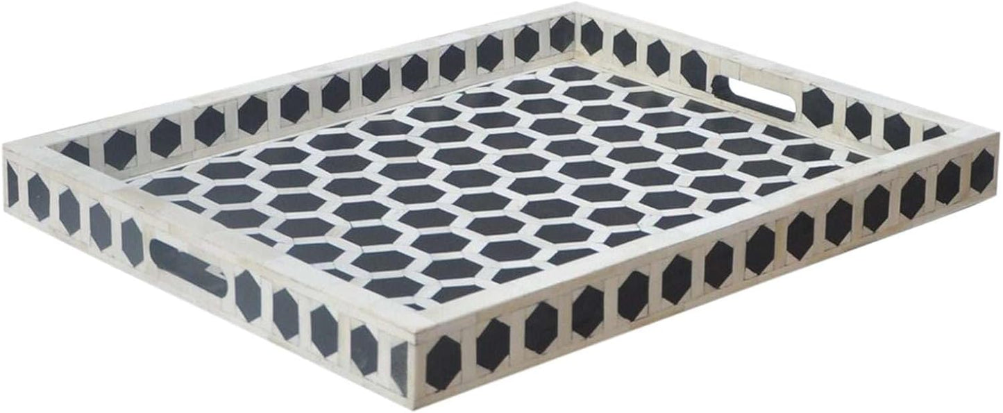 Hansa Handmade Bone Inlay Serving Tray Rectangle Tray Geometrical Pattern Decorative Platter Basket Tray for Ottoman