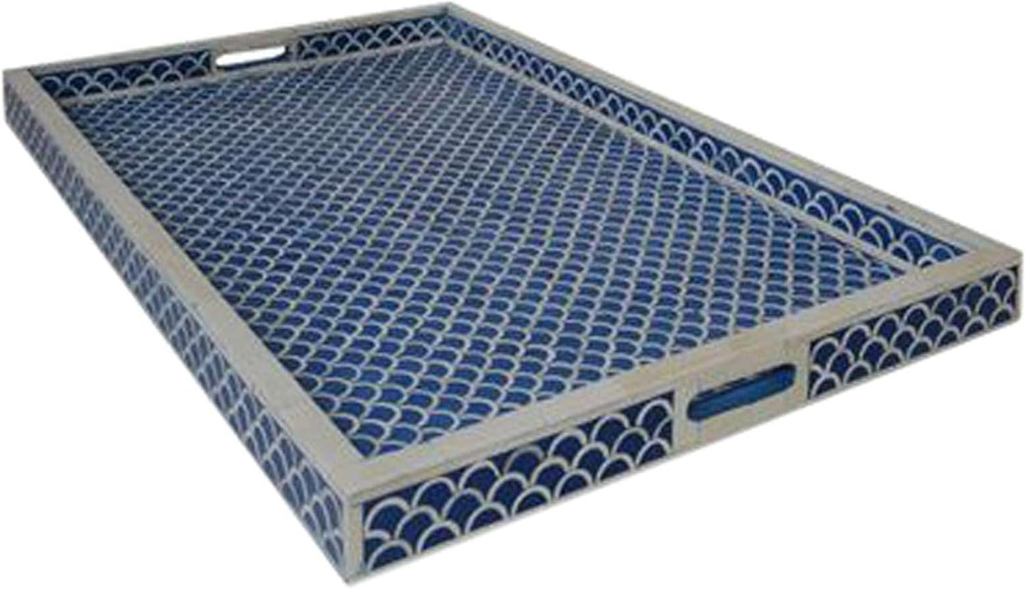 Hansa Handmade Bone Inlay Serving Tray Rectangle Tray Geometrical Pattern Decorative Platter Basket Tray for Ottoman