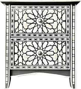 Bone Inlay Bedside Table Handcrafted Nightstand with Intricate Floral Design and Storage Drawer – Elegant Accent Furniture for Bedroom Décor