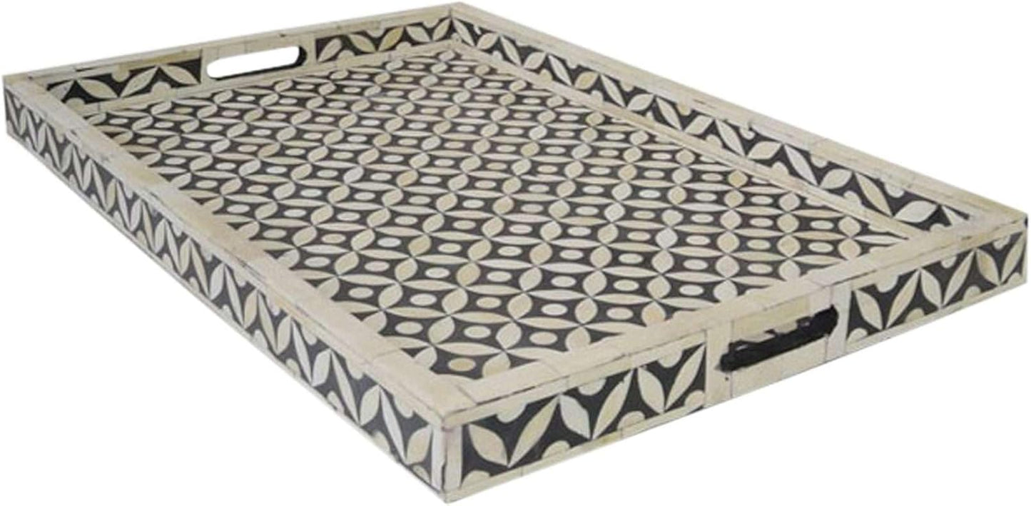Hansa Handmade Bone Inlay Serving Tray Rectangle Tray Geometrical Pattern Decorative Platter Basket Tray for Ottoman