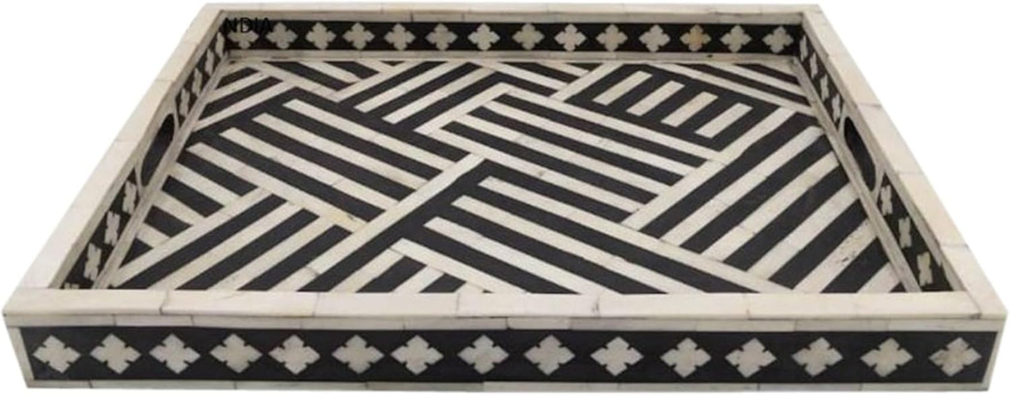 Hansa Handmade Bone Inlay Serving Tray Rectangle Tray Geometrical Pattern Decorative Platter Basket Tray for Ottoman