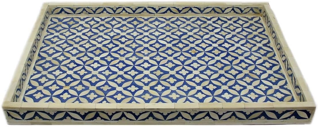 Hansa Handmade Bone Inlay Serving Tray Rectangle Tray Geometrical Pattern Decorative Platter Basket Tray for Ottoman