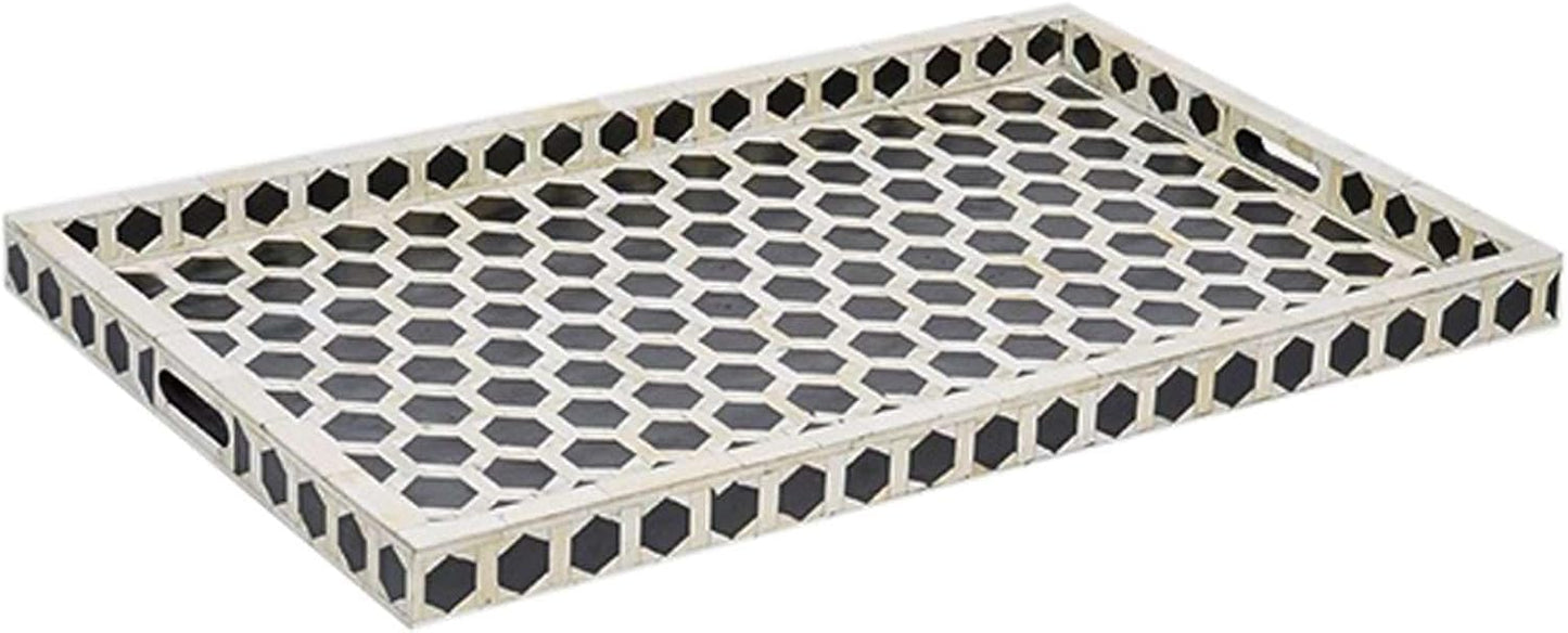 Hansa Handmade Bone Inlay Serving Tray Rectangle Tray Geometrical Pattern Decorative Platter Basket Tray for Ottoman