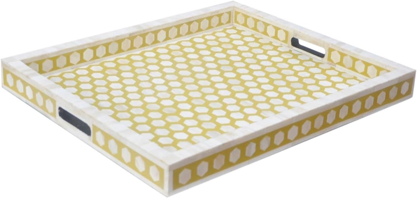Hansa Handmade Bone Inlay Serving Tray Rectangle Tray Geometrical Pattern Decorative Platter Basket Tray for Ottoman
