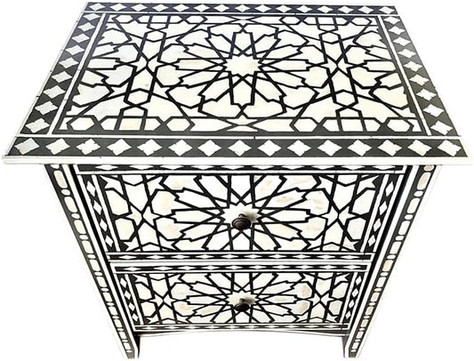Bone Inlay Bedside Table Handcrafted Nightstand with Intricate Floral Design and Storage Drawer – Elegant Accent Furniture for Bedroom Décor