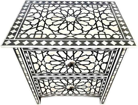 Bone Inlay Bedside Table Handcrafted Nightstand with Intricate Floral Design and Storage Drawer – Elegant Accent Furniture for Bedroom Décor