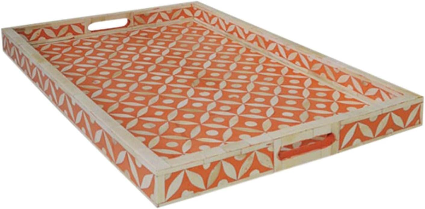 Hansa Handmade Bone Inlay Serving Tray Rectangle Tray Geometrical Pattern Decorative Platter Basket Tray for Ottoman