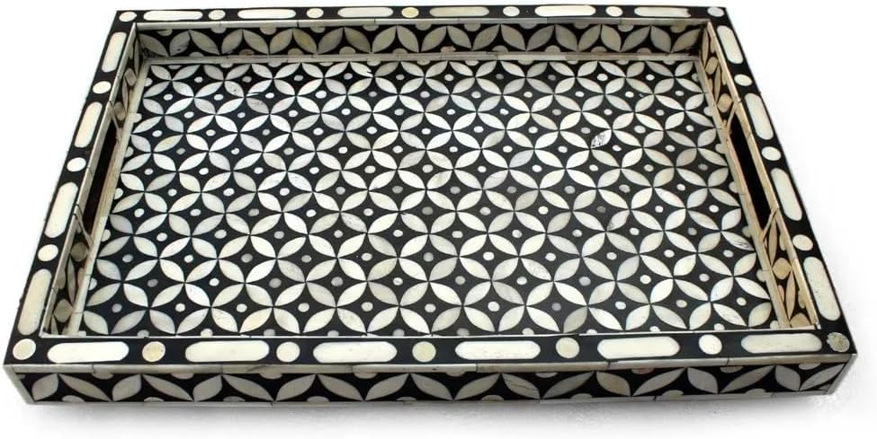 Hansa Handmade Bone Inlay Serving Tray Rectangle Tray Geometrical Pattern Decorative Platter Basket Tray for Ottoman