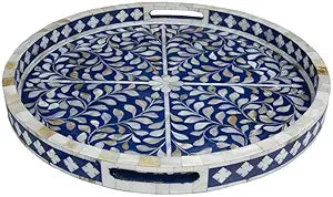 Hansa Handmade Round Mother of Pearl Inlay Serving Tray Floral Pattern Decorative Platter