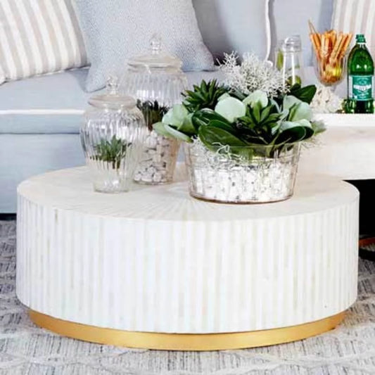 Bone Inlay Round Coffee Table, Home Centre Table Stripe Pattern Golden Brass Base by Hansa Handicraft - Hansa Handicraft
