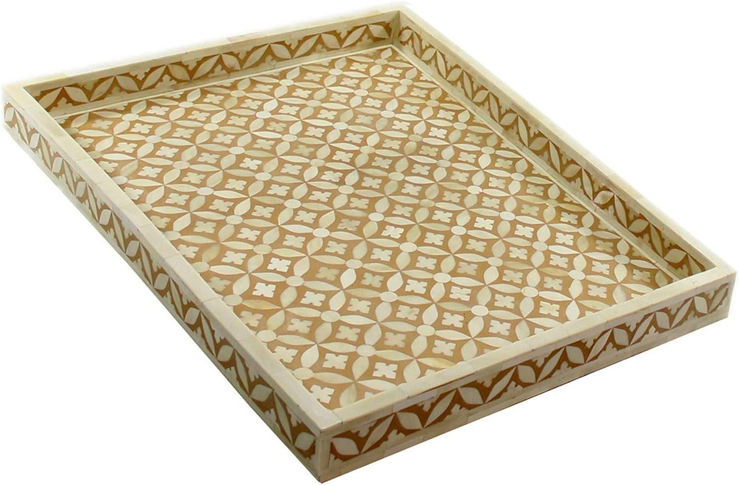 Hansa Handmade Bone Inlay Serving Tray Rectangle Tray Geometrical Pattern Decorative Platter Basket Tray for Ottoman