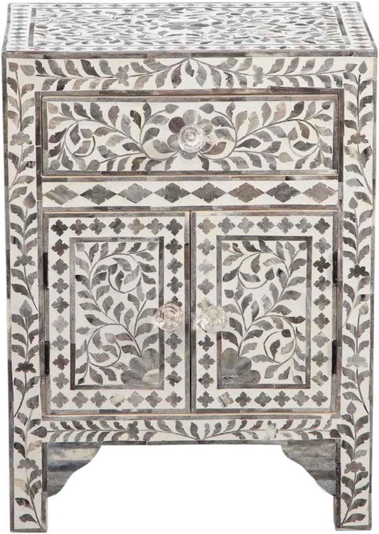 Bone Inlay Bedside Table with 2 Drawers Handcrafted Nightstand with Storage Elegant Inlay Design Accent Furniture for Bedroom, Living Room or Entryway