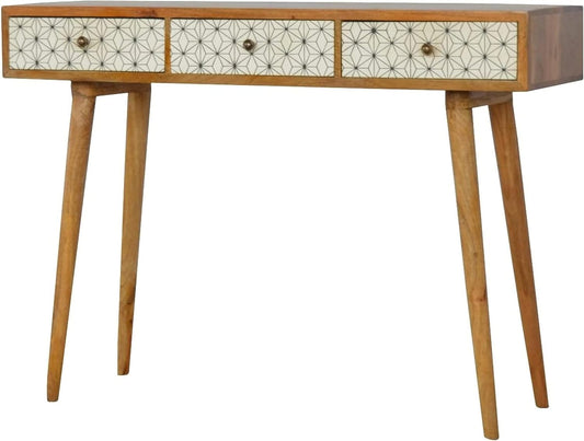 Handcrafted Bone Inlay Console Table with Geometric Design Solid Wood Modern Table with 3 Storage Drawers for Any Room