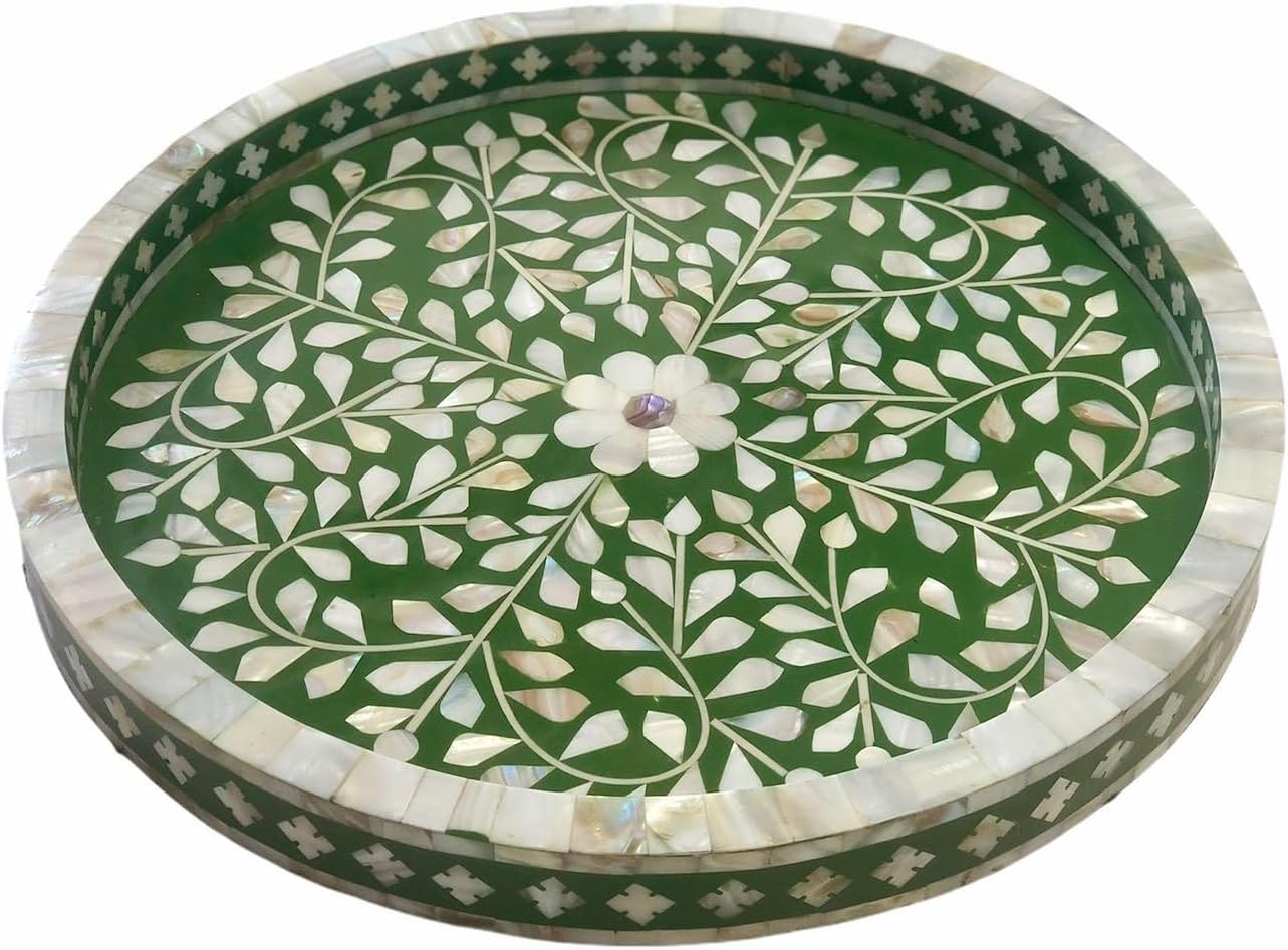 Hansa Handmade Round Mother of Pearl Inlay Serving Tray Floral Pattern Decorative Platter