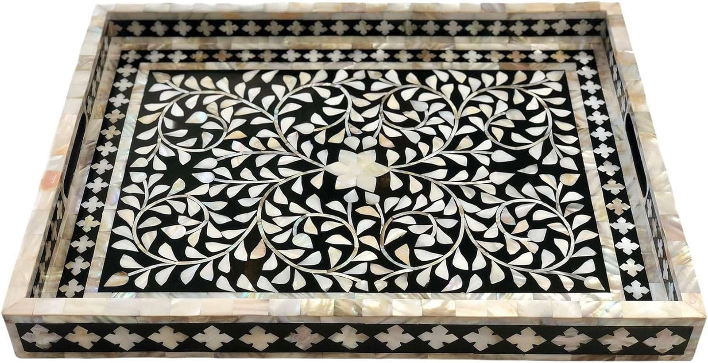Hansa Handmade Bone Inlay Serving Tray Rectangle Tray Geometrical Pattern Decorative Platter Basket Tray for Ottoman