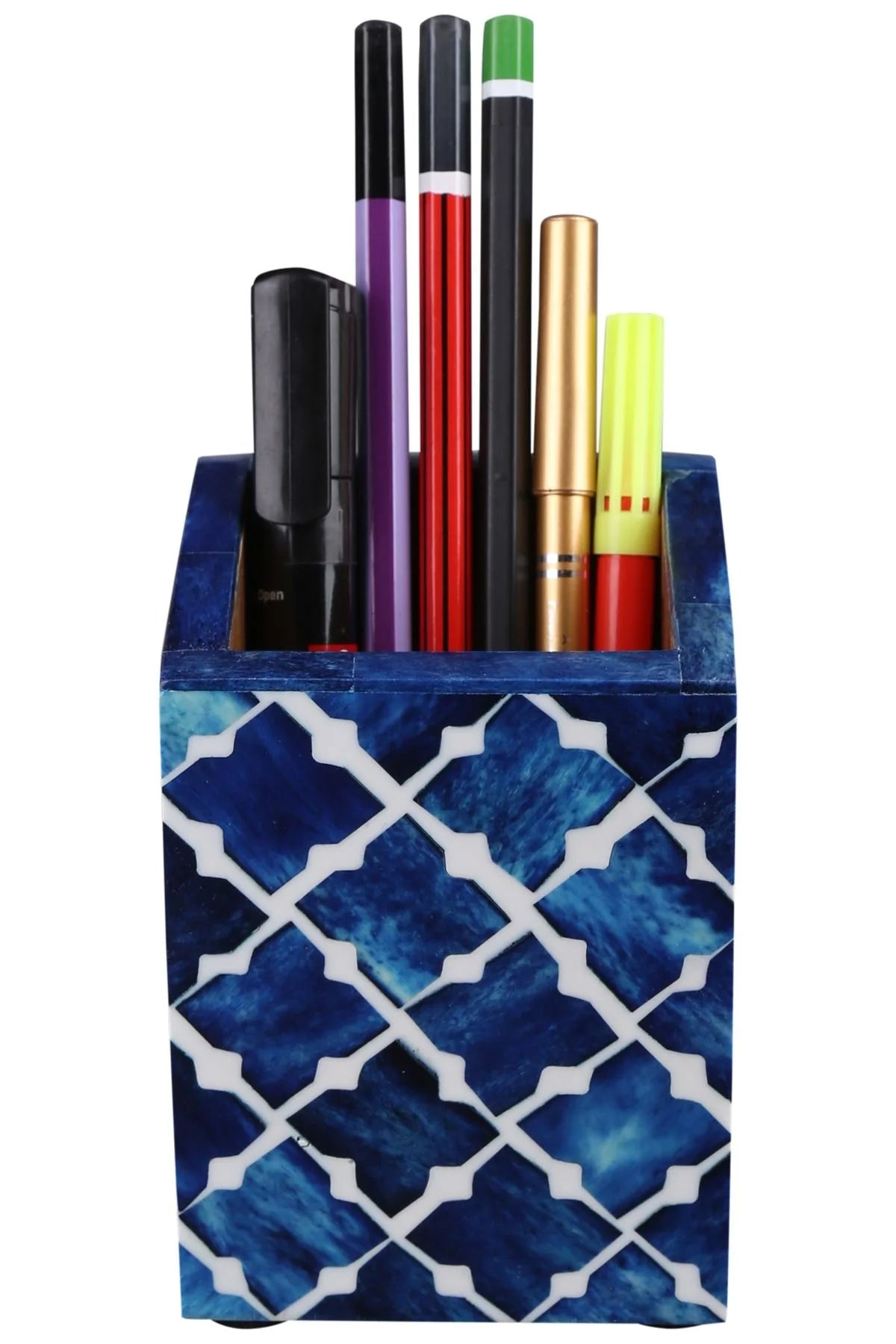 Handmade Bone Inlay Moroccan Quatrefoil Pattern Pen & Pencil Holder Caddy Desk Cup, Penholder for Desk Pen Holder Unique Pencil Holder for Desk Modern - Hansa Handicraft
