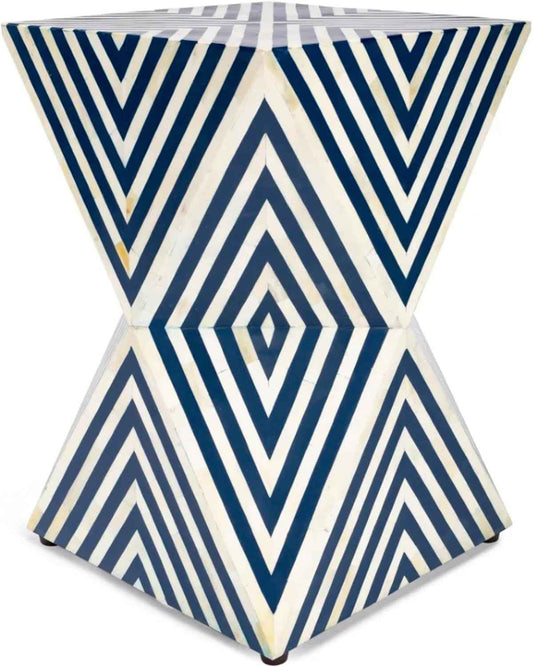 Handcrafted Bone Inlay End Table Intricate Geometric Stripe Pattern Accent Table Elegant Bohemian Side Table for Living Room, Bedroom or Entryway Decorative Artisan Furniture for Stylish Home Décor