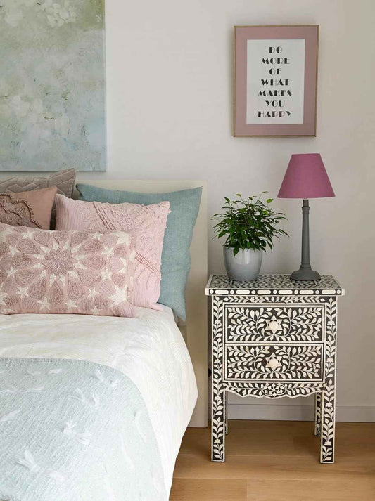 Bone Inlay Bedside Table with 2 Drawers Handcrafted Nightstand with Detailed Floral Design Stylish and Functional Accent Furniture for Bedroom or Living Room Storage and Décor