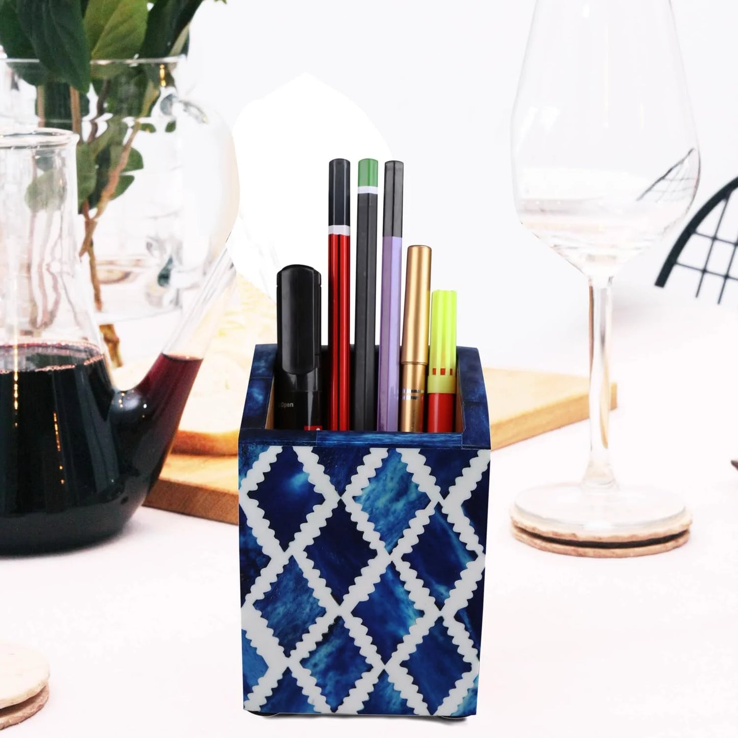 Handmade Bone Inlay Moroccan Diamond Pattern Pen & Pencil Holder Caddy Desk Cup, Penholder for Desk Pen Holder Unique Pencil Holder for Desk Modern - Hansa Handicraft
