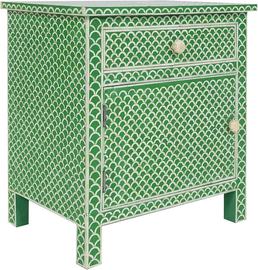 Bone Inlay Bedside Table with 1 Drawer and Shelf Handcrafted Nightstand with Storage Stylish and Functional Accent Furniture for Bedroom or Living Room