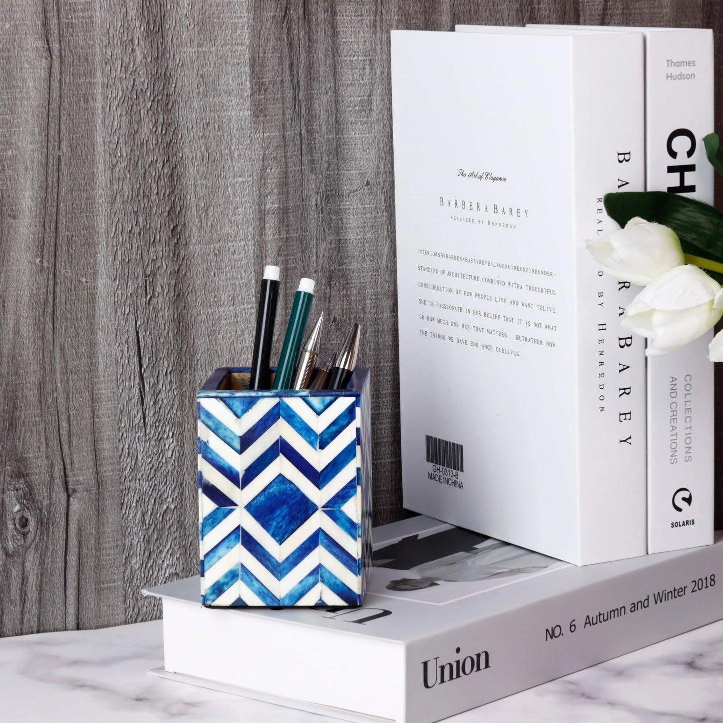 Handmade Bone Inlay Moroccan Chevron Pattern Pen & Pencil Holder Caddy Desk Cup, Penholder for Desk Pen Holder Unique Pencil Holder for Desk Modern - Hansa Handicraft