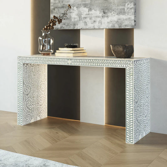 Handmade Bone Inlay Console Table Gray Floral Design | Unique Exotic Design for Entryway, Living Room, and Dining Room Decor - Hansa Handicraft